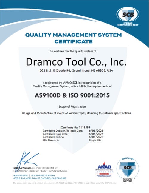 Dramco Tool Co., Inc. AS 9100D & ISO 9001 Certificate 2025